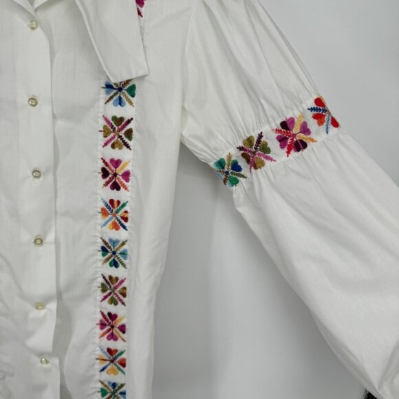 70s Boho Embroidered Puff Sleeve Peasant Blouse Vintage Button Up Dog Ear top - Picture 9 of 9